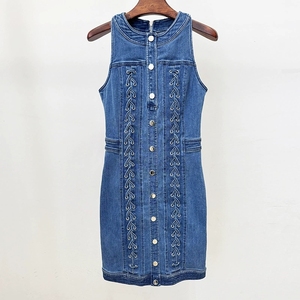 Vestido Casual de Verano para Mujer A11538, Estilo Bodycon, Mini Vestido de Mezclilla, Largo por Encima de la Rodilla, Diseño Sólido, Sin Cuello, Botones Frontales Naturales - Product Image 3