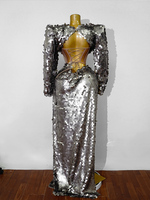 Setelan Dua Potong Payet Perak, Atasan Crop Top Lengan Panjang Model Korset, Rok Belahan Tinggi Model Duyung, Kostum Gala Showgirl Drag Queen Grosir