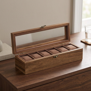 Wooden <b>Watch</b> Storage Box with 6 Compartments Faux Suede Lining Snap Closure Rectangle Shape Dustproof Design - Product Image 4