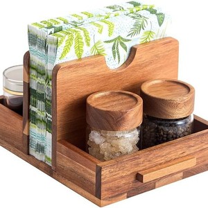 Porta servilletas de madera de acacia natural, estante de almacenamiento multifuncional en forma de abanico para pañuelos y condimentos, moderno y minimalista - Product Image 5