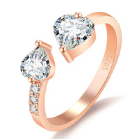 Bagues de fiançailles en or rose argenté de luxe avec diamants, bague ouverte réglable en forme de double cœur pour femmes, bijoux de mariage
