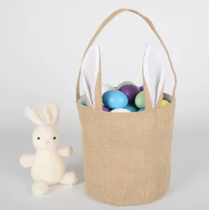 Bolsa de regalo de conejo de yute de Pascua, cesta de conejito de Pascua azul oscuro para huevo, venta al por mayor, fábrica Sedex, nuevo Unisex