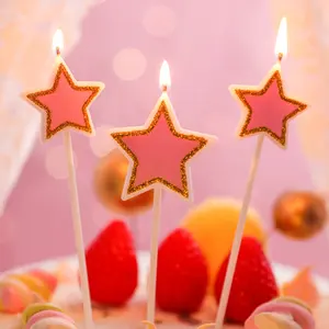 Lilin tanpa asap bentuk bintang hati, perlengkapan dekorasi kue, pesta pernikahan, lilin tanpa asap, bentuk bintang hati, berkilau, mewah, Glitter, mahkota Multi Warna