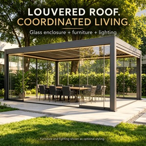 Pergola motorisée en aluminium à lames orientables Senfey Modern <span class=keywords><strong>4</strong></span> <span class=keywords><strong>saisons</strong></span> avec mur en verre coulissant pour villa, jardin, parc - Product Image 1