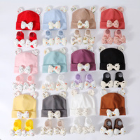 Conjunto de Gorro y Calcetines para Bebé Recién Nacido, Diseño de Lazo, Color Sólido, Algodón y Poliéster