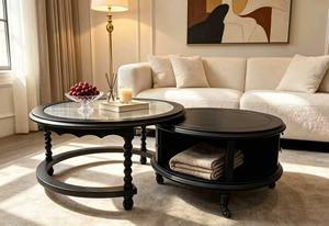 Ensemble de tables basses gigognes noires avec plateau en verre cannelé et tiroir de rangement, style ferme, pour salon - Product Image 6