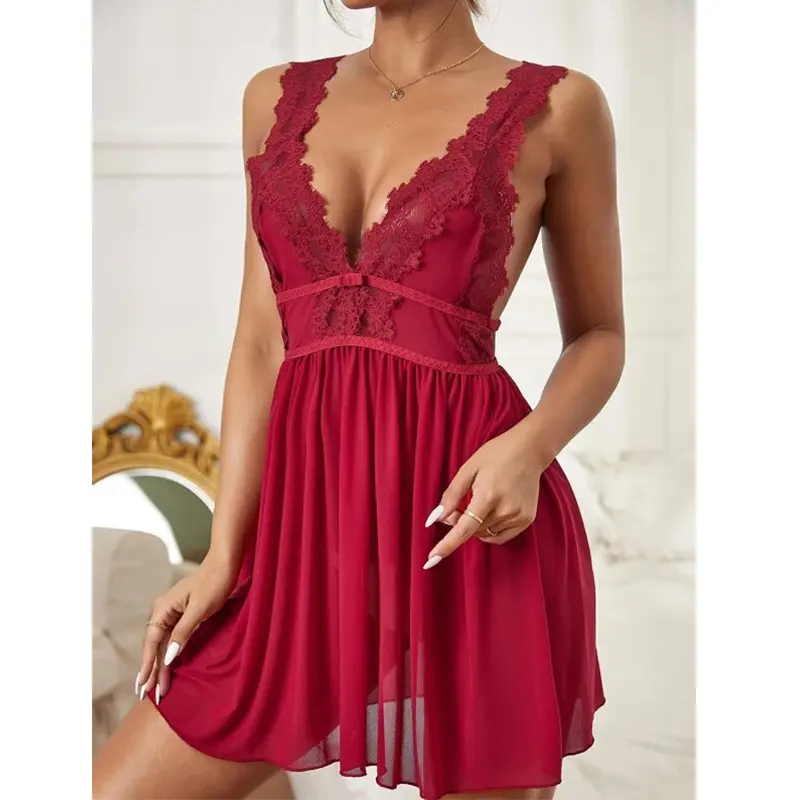 Lencería Sexy de talla grande para mujer, camisón de malla de encaje con Espalda descubierta, vestido bordado rojo
