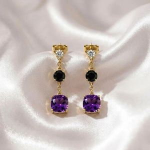 Purple Amethyst Cushion Cut <b>Earrings</b> with Black Obsidian Gemstone Drop Elegant <b>Dangle</b> <b>Earrings</b> in 925 Sterling <b>Silver</b> Handmade - Product Image 1