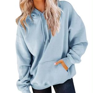 Pull à capuche décontracté pour femmes avec cordon de serrage manches longues poche respirant anti-rétrécissement tissu éponge solide imprimé hiver - Product Image 1