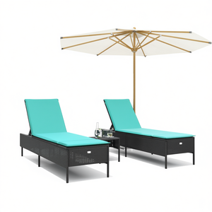 Conjunto de Tumbonas para Exteriores de Ratán PE con Cojines Azul Turquesa y Negro, Reclinación Manual, Muebles Contemporáneos para Patio - Product Image 1