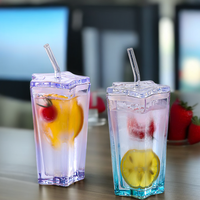 Mug en verre borosilicate de 300 ml, double paroi, en forme d'étoile à cinq branches, coloré, pour jus, lait, café, avec couvercle et paille