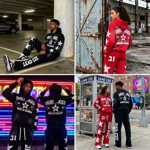 Conjunto de Sudadera con Capucha y Pantalones Deportivos Unisex con Parches Bordados y Efecto Desgastado, Lavado Ácido y Decolorado por el Sol, Estilo Urbano Personalizado - Product Image 3