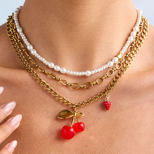 Collar de Cadena de Acero Inoxidable Hipoalergénico de Moda, con Colgante de Fresa y Cereza, Joyería para Mujer, Gran Venta - Product Image 2