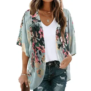Blusa casual com estampa floral feminina, camiseta de manga bufante com cobertura solta