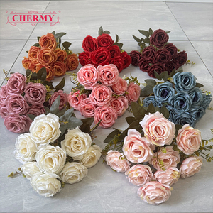 DC206 Chermy Bouquet di 9 Rose Artificiali Bianche e Bordeaux, Rose Finte per Bouquet da Sposa, Decorazione Floreale per Casa - Product Image 5