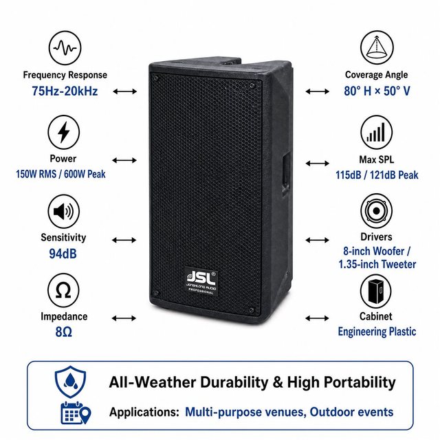 JSL 8-inch 2-Way Multi-Purpose Loudspeaker 150W PA Speaker