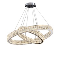 Lustre en cristal argenté à trois anneaux, suspension LED moderne et minimaliste, trois couleurs, intensité variable, télécommande, commande vocale, hauteur réglable