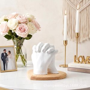 Couple <b>Hand</b> <b>Mold</b> Display Stand Wooden Base For Wedding Home Decoration Modern Style Irregular Shape Natural Wood Color - Product Image 4