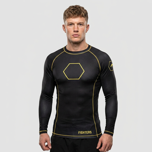 T-shirt de compression à manches longues pour hommes Fighters, noir et jaune, imprimé hexagone, séchage rapide, en Spandex et Polyester - Product Image 1