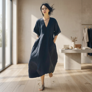 Robe mi-longue trapèze à col en V 100 % coton, manches cloche, taille haute, avec nœud décoratif, poches latérales, tissu respirant, style vintage, faite à la main - Product Image 3