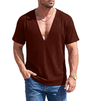 T-shirt décontracté ample et respirant pour homme, col en V profond, manches courtes, couleur unie, tricoté 260g, design vierge, collection été 2026