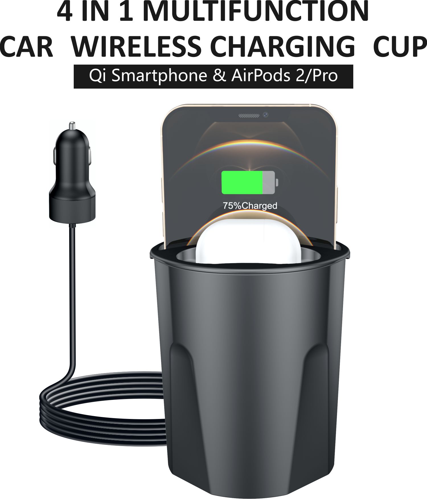 4in1 Multifunctional Wireless Charger In Car Cup for 2 mobile phone, airpods, apple watch