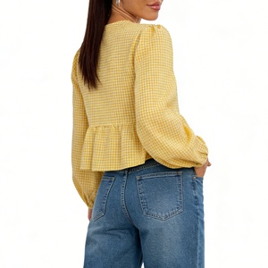 Chemisier Peplum à Nœud Imprimé Carreaux Vichy pour Femme - Haut Décontracté à Manches Longues et Ourlet Volanté Tendance - Product Image 5