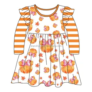 Großhandel Kleinkind Mädchen Bowknot Kürbis gedruckt Prinzessin Kleid Streifen Ärmel Herbst Kleidung Kleid für Mädchen