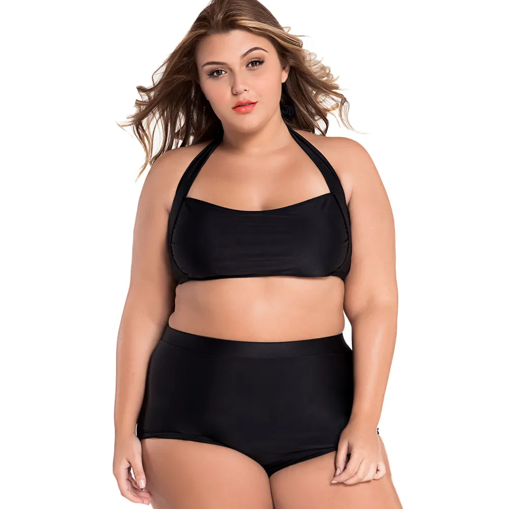 Biquíni de halter preto plus size, roupa de banho de cintura alta