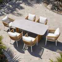 Ensemble de meubles de jardin J&M T776, table à manger moderne en aluminium avec 6 chaises, tissage en corde, pour usage extérieur
