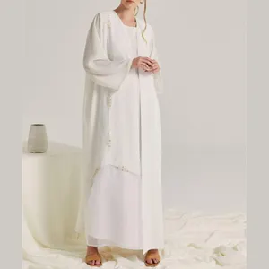 迪拜阿巴亚新设计斋月开斋节珠子刺绣高品质白色阿巴亚女性穆斯林连衣裙阿联酋带头巾