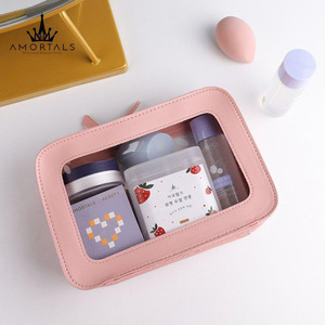 Korean style trendy <b>makeup</b> <b>bag</b>, portable leather and PVC patchwork toiletry <b>bag</b>, large capacity travel organizer. - Product Image 2