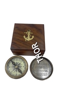 Antique Copper Marine Pocket Poem Flat with Brown Wooden Archer <b>Box</b> Compass Navigation Positioning Equipment - Product Image 1