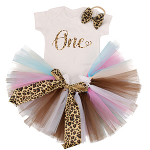 Animal Birthday Set for <strong>Baby</strong> Three-Piece Satin Dress Casual <strong>Romper</strong> with Mesh <strong>Tutu</strong> Skirt and Bow for Princess - Product Image 1