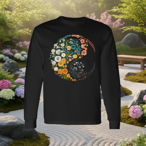 T-shirt a maniche lunghe con simbolo Yin Yang floreale, design Zen Taijitu - Product Image 3