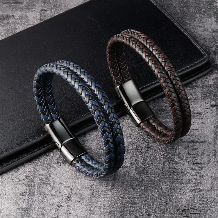 Wholesale High Quality Brown Leather Bracelet Personalized Custom Stainless Steel Braided Multi-Layer Leather Bracelet For Men