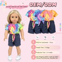 Vente en gros de vêtements pour poupées personnalisés de 18 pouces, ensemble décontracté pour poupée fille, t-shirt tie-dye arc-en-ciel, short en jean bleu foncé, vêtements pour poupées OEM, vêtements pour poupées en vrac
