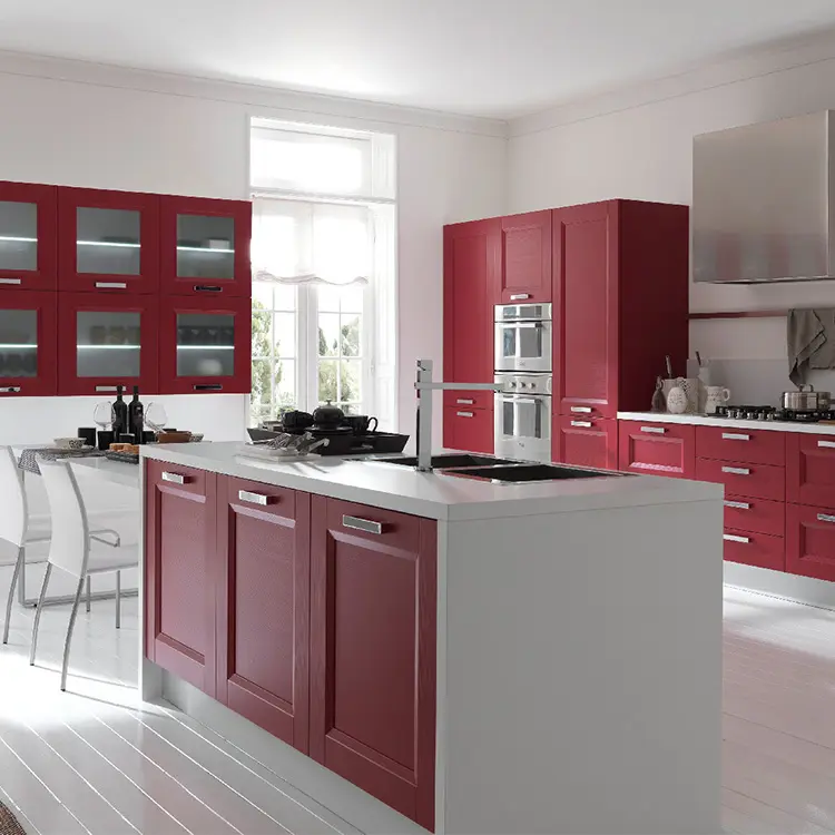 2020 Hot Sale Red High Glossy Glass Door Kitchen Design And Shining Lacquer Kitchen Cabinets Set