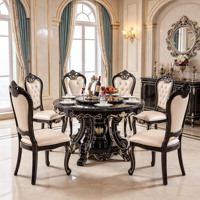 Luxuriöses Europäisches Rundes Massivholz-Esszimmer-Set mit Schwarzer Marmorplatte und Drehbarem Serviertablett, Cremefarbene PU-Lederstühle für Villen, Großhandel