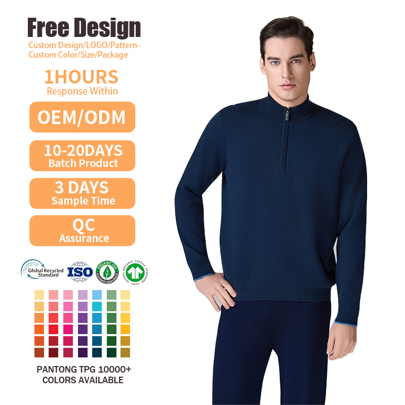 Mock Neck Sweatshirt Custom Logo GOTS Winter Jacquard Knitwear Pullovers Quarter Zip Cotton Knitted Men's Long Sleeve Sweater