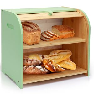 Boîte de rangement pour pain en bois, double couche, couvercle coulissant, organisateur de cuisine, couleur bois naturel vert clair - Product Image 1
