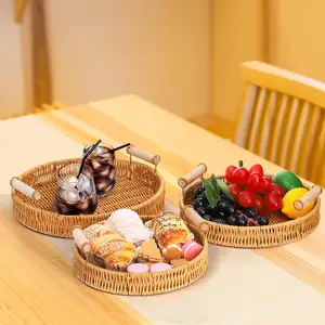 מגש פירות קש ארוג ביד סלסלת לחם יפני מאודה סלון סל אחסון ביתי מגש אוזניים כפול קש ארוג