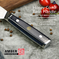 Ensemble de 7 couteaux de cuisine japonais en acier Damas Amber avec manche en résine colorée motif nid d'abeille pour le désossage et les sushis