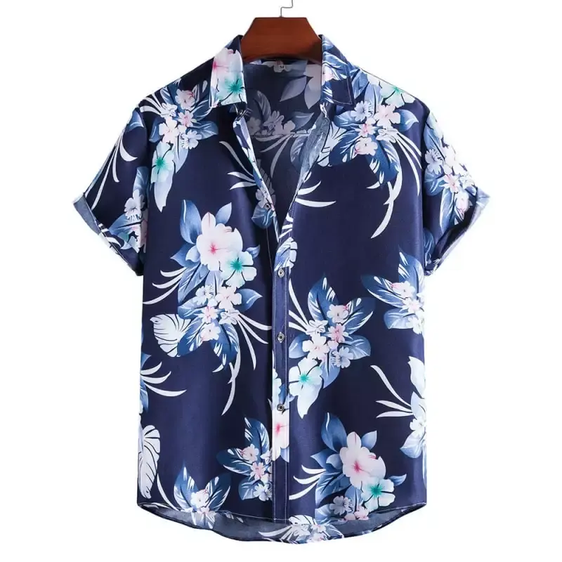 Custom Blue Lapel Summer Casual Men's Regular Youth Printed Slim Fit Hawaiian Shirt