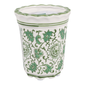 Portacandele in Ceramica con Bordo Ondulato, Motivo Floreale Verde, Decorativo per Interni ed Esterni - Product Image 2