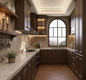 Ensemble d'armoires de cuisine vintage en bois foncé avec éclairage intégré et quincaillerie en laiton, fabrication chinoise, meubles de cuisine, conception gratuite en 48h - Product Image 3