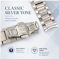Bracelet de montre classique en acier inoxydable argenté, bracelet en métal massif avec fermoir papillon à double verrouillage