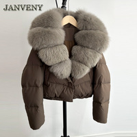 JANVENY 2025 Hiver Grand Manteau Duvet Matelassé Fourrure de Renard Naturelle Moelleuse Femme Chaud 90% Plumes de Canard Blanc Courte Doudoune Imperméable Parka