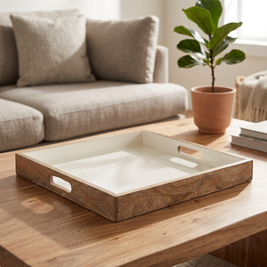 Plateau de service carré en bois avec intérieur crème et poignées pour usage résidentiel - Product Image 3