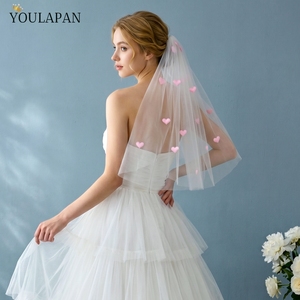 Voile de mariée court YouLaPan V271 rose romantique à motif cœur, en tulle blanc transparent, avec peigne à cheveux pour fête de mariage - Product Image 5